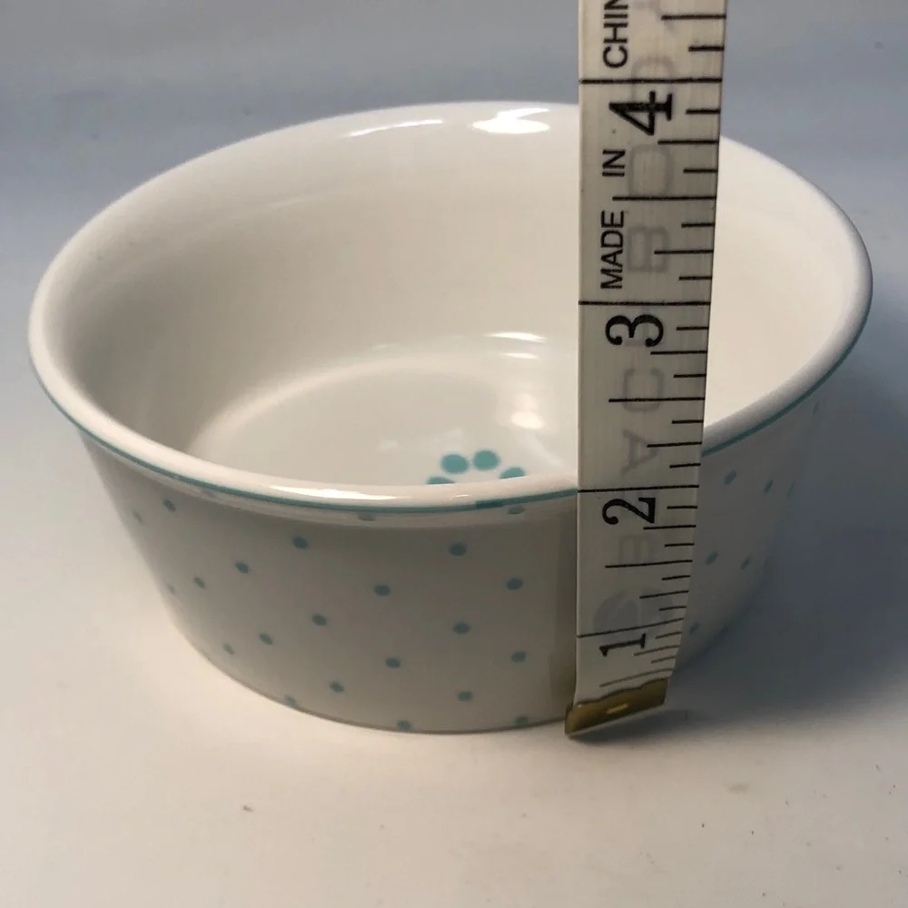 White and real Blue Polka Dot ceramic Pet Bowl teal paw print inside